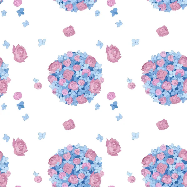 Розовые пионы и голубые гортензии, бесшовный векторный рисунок. круглый букет цветов — стоковый вектор