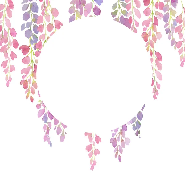 Pembe ve mor wisteria çerçeve, dalları ve çiçekler, suluboya illüstrasyon. — Stok fotoğraf