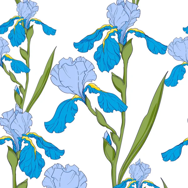 blue irises, branch with flowers, seamless vector pattern.
