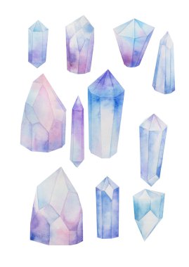 Mavi kristal mineral taşları seti, suluboya el resmi çizimi.