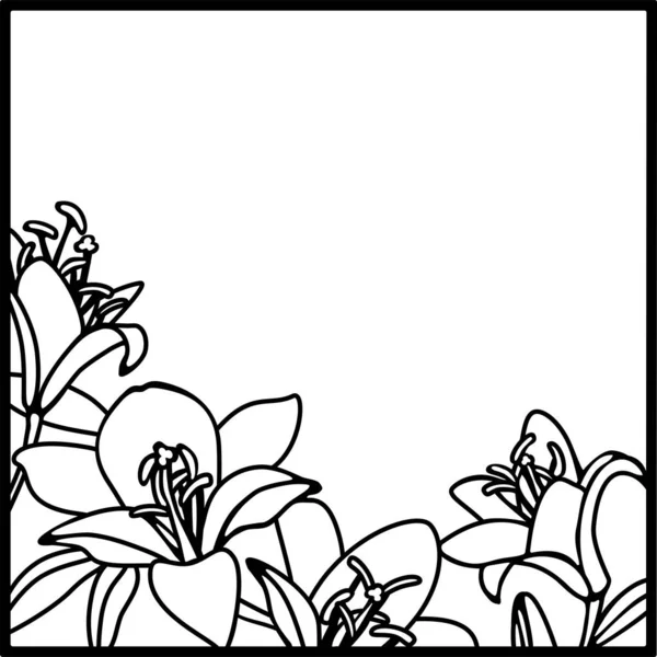 Marco de boda cuadrada con flores de lirios, ilustración vectorial. Dibujo blanco y negro — Vector de stock