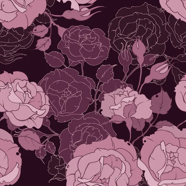无缝隙的花纹,淡淡的粉红玫瑰,深色的勃艮第背景. 矢量说明 — 图库矢量图片