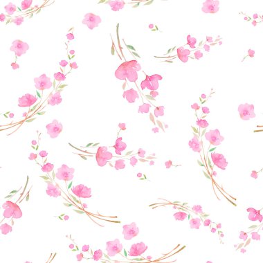 Pembe kiraz çiçekleri, sakura, dikişsiz suluboya deseni. Ambalaj kağıtları, duvar kağıtları, web siteleri, kumaşlar için romantik nazik tasarım