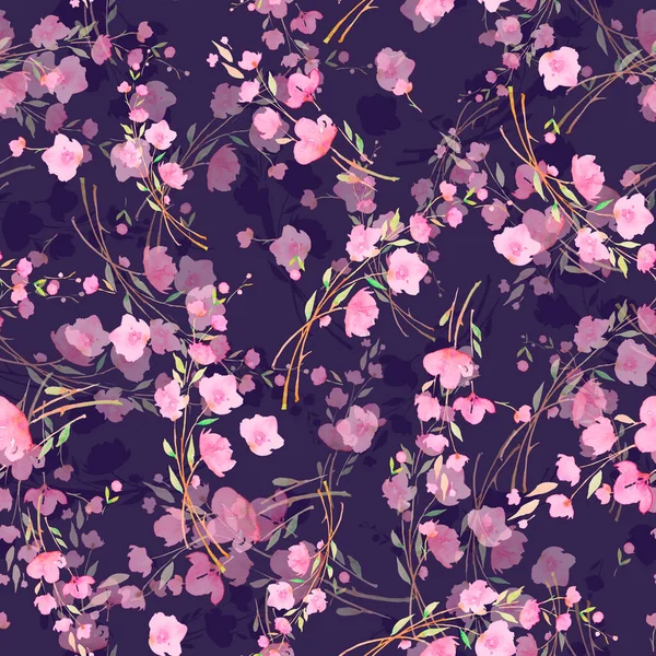 粉红色的樱花在深紫色的背景上 藏红花 无缝的水彩图案 包装纸 织物的浪漫柔和设计 — 图库照片