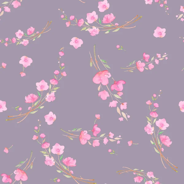 Pink Cherry Flowers Grey Background Sakura Seamless Watercolor Pattern Romantic — Stock Photo, Image
