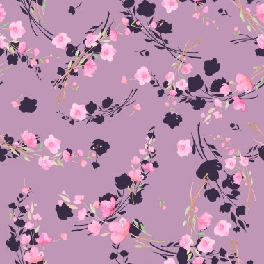 Pembe kiraz çiçekleri, sakura, dikişsiz suluboya deseni. Ambalaj kağıtları, duvar kağıtları, web siteleri, kumaşlar için romantik nazik tasarım