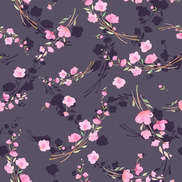 Rosafarbene Kirschblüten Auf Grauem Hintergrund Sakura Nahtloses Aquarellmuster Romantisch Sanftes — Stockfoto