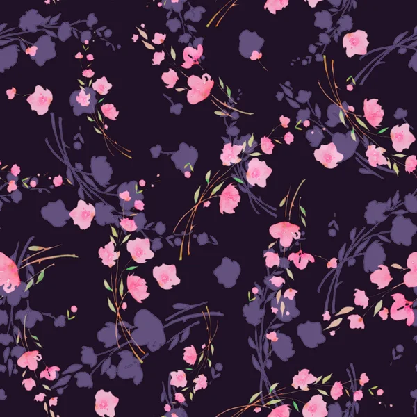 Ροζ Άνθη Κερασιάς Σκούρο Μωβ Φόντο Sakura Αδιάλειπτη Υδατογραφία Μοτίβο — Φωτογραφία Αρχείου