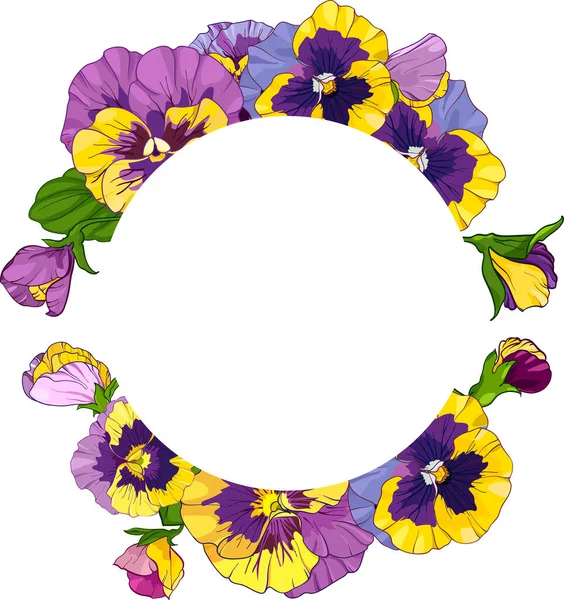 Frame Pansy Flowers Wreath Viola Yellow Purple Flowers Green Leaves — Stock Vector