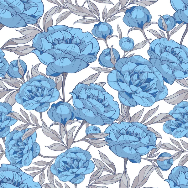 Modello Senza Cuciture Con Peonie Blu Fiori Con Foglie Grigie — Vettoriale Stock