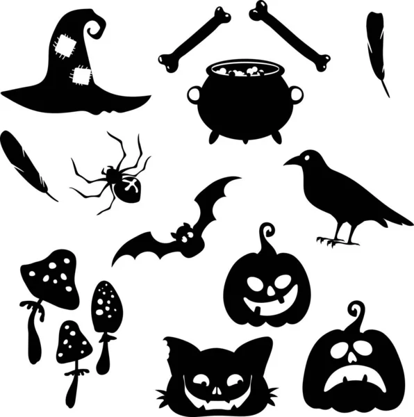 Collection Décor Halloween Éléments Champignons Chaudron Corbeau Citrouille Chapeau Plume — Image vectorielle