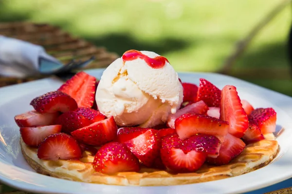 Strawberries Ice Cream Waffle Close Food White Plate — Stock Photo, Image