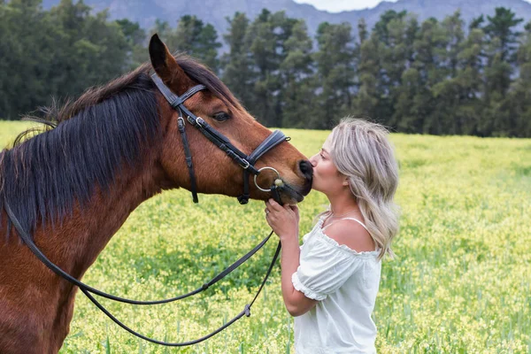 Mulher Beijando Seu Castanho Cavalo Árabe Seu Nariz Frente Para — Fotografia de Stock