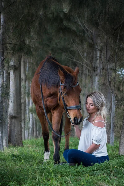 Mulher Interagindo Com Seu Cavalo Árabe Castanho Sentado Chão Floresta — Fotografia de Stock