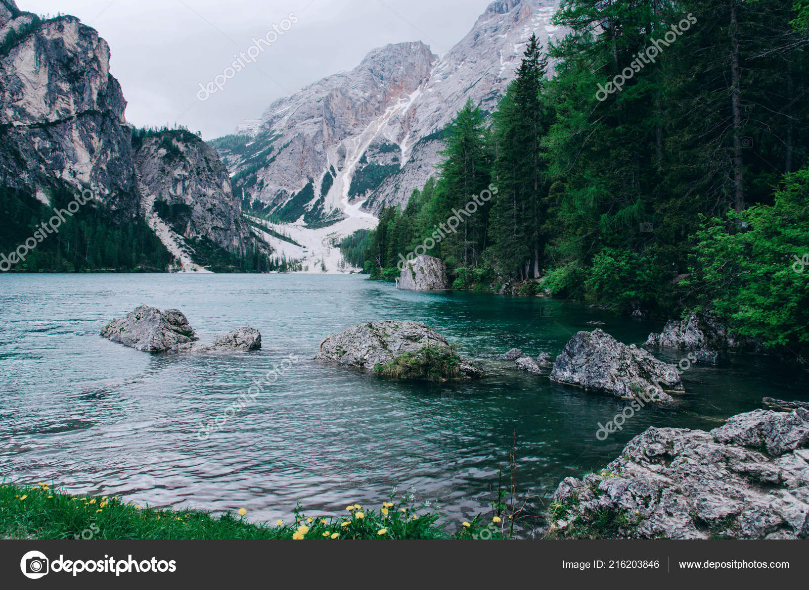 Beautiful View Of Lago Di Braies Or Pragser Wildsee Italy Stock