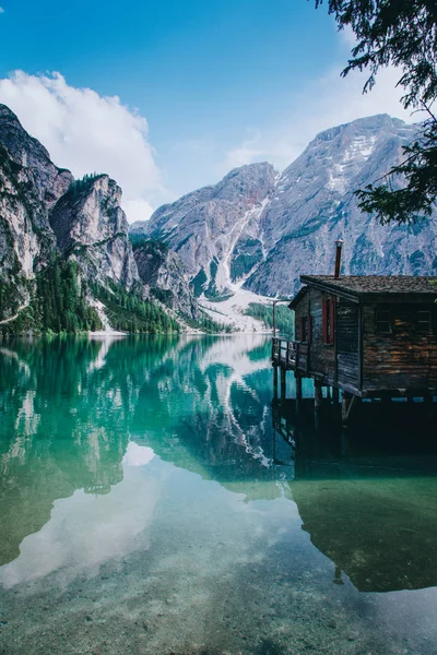 Vedere Frumoasă Lago Braies Sau Pragser Wildsee Trentino Alto Adidge — Fotografie, imagine de stoc