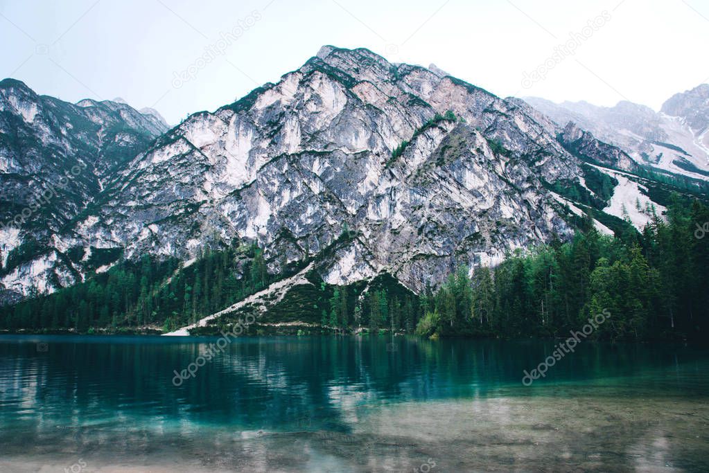 Beautiful view of Lago di Braies or Pragser wildsee, Italy.