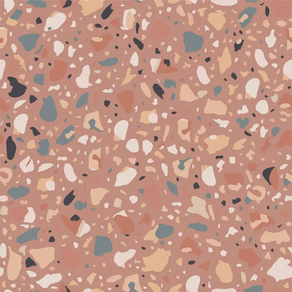 Terrazzo vloeren vector bruin naadloze patroon. Textuur met veelbetekenende chips van marmer, quartz, natuursteen en graniet, Glazenset. — Stockvector