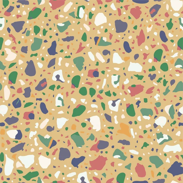 Terrazzo Boden Vektor braun nahtlose Muster. Textur mit verräterischen Splittern aus Marmor, Naturstein, Quarz, Granit, Glasset. — Stockvektor