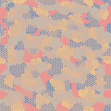 Kamuflaj kesintisiz moda modeli. Soyut kentsel renkli altıgen tarzı. Parti, elbise, gömlek, çocuk moda kumaş Tekstil için seamless modeli. Renkli modern stil vektör petek doku.