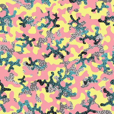 Soyut kamuflaj, moda dikişsiz desen arka plan. Serin kamuflaj askeri doku. Doğa Çiçek illüstrasyon. Dikişsiz desen çocuk moda kumaş kumaş Tekstil. Renkli modern. Vektör.