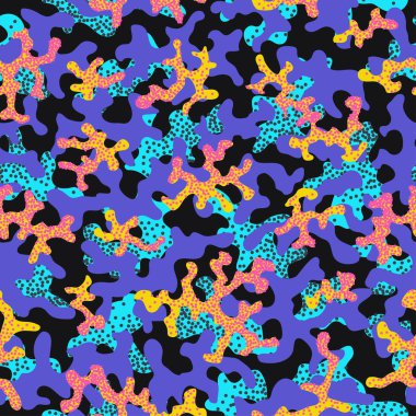 Moda model sorunsuz arka plan kamuflaj. Soyut serin askeri eğilim şekiller kamuflaj doku. Çocuk moda kumaş Tekstil için seamless modeli. Renkli modern tarzı. Paintball için kumaş