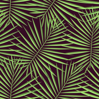 Tropik desenli, pürüzsüz bir arka plan. Palmiye yaprakları, modern, pürüzsüz tropik yaz sanatı. Dekorasyon kumaşı ve moda tekstili için renkli doğal botanik baskısı. Palmiye yaprağı. Vektör tropik bitkiler..