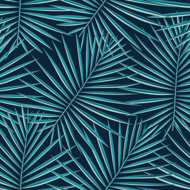 Tropik desenli, pürüzsüz bir arka plan. Palmiye yaprakları, modern, pürüzsüz tropik yaz sanatı. Dekorasyon kumaşı ve moda tekstili için renkli doğal botanik baskısı. Palmiye yaprağı. Vektör tropik bitkiler..