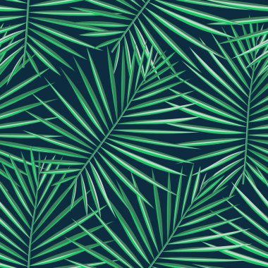 Tropik desenli, pürüzsüz bir arka plan. Palmiye yaprakları, modern, pürüzsüz tropik yaz sanatı. Dekorasyon kumaşı ve moda tekstili için renkli doğal botanik baskısı. Palmiye yaprağı. Vektör tropik bitkiler..