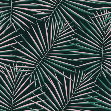Tropik desenli, pürüzsüz bir arka plan. Palmiye yaprakları, modern, pürüzsüz tropik yaz sanatı. Dekorasyon kumaşı ve moda tekstili için renkli doğal botanik baskısı. Palmiye yaprağı. Vektör tropik bitkiler..