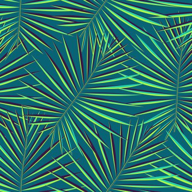 Tropikal palmiye desen sorunsuz arka plan bırakır. Egzotik moda trendy çiçek yeşillik desen. Sorunsuz güzel botanik palmiye ağacı yaz dekorasyon tasarım. Vektör desen kaydırma mayo için yazdırma.