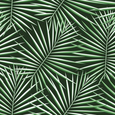 Tropik desenli, pürüzsüz bir arka plan. Palmiye yaprakları, modern, pürüzsüz tropik yaz sanatı. Dekorasyon kumaşı ve moda tekstili için renkli doğal botanik baskısı. Palmiye yaprağı. Vektör tropik bitkiler..