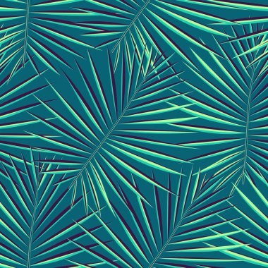 Tropik desenli, pürüzsüz bir arka plan. Palmiye yaprakları, modern, pürüzsüz tropik yaz sanatı. Dekorasyon kumaşı ve moda tekstili için renkli doğal botanik baskısı. Palmiye yaprağı. Vektör tropik bitkiler..