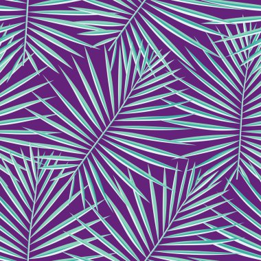 Tropik desenli, pürüzsüz bir arka plan. Palmiye yaprakları, modern, pürüzsüz tropik yaz sanatı. Dekorasyon kumaşı ve moda tekstili için renkli doğal botanik baskısı. Palmiye yaprağı. Vektör tropik bitkiler..