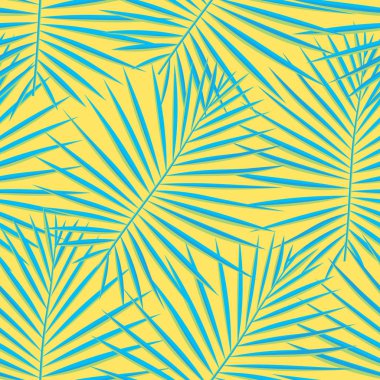 Tropik desenli, pürüzsüz bir arka plan. Palmiye yaprakları, modern, pürüzsüz tropik yaz sanatı. Dekorasyon kumaşı ve moda tekstili için renkli doğal botanik baskısı. Palmiye yaprağı. Vektör tropik bitkiler..