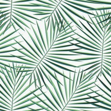 Tropikal palmiye desen sorunsuz arka plan bırakır. Egzotik moda trendy çiçek yeşillik desen. Sorunsuz güzel botanik palmiye ağacı yaz dekorasyon tasarım. Vektör desen kaydırma mayo için yazdırma.