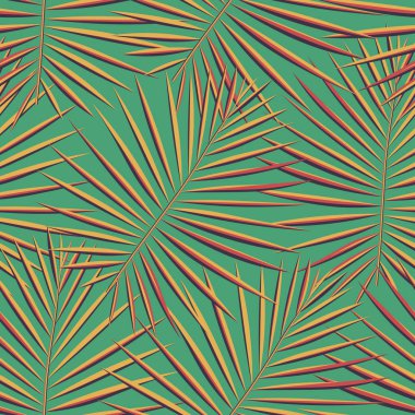 Tropikal palmiye desen sorunsuz arka plan bırakır. Egzotik moda trendy çiçek yeşillik desen. Sorunsuz güzel botanik palmiye ağacı yaz dekorasyon tasarım. Vektör desen kaydırma mayo için yazdırma.