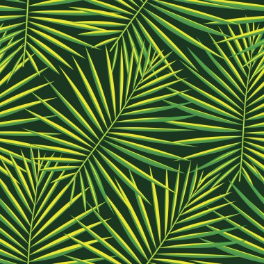 Tropik desenli, pürüzsüz bir arka plan. Palmiye yaprakları, modern, pürüzsüz tropik yaz sanatı. Dekorasyon kumaşı ve moda tekstili için renkli doğal botanik baskısı. Palmiye yaprağı. Vektör tropik bitkiler..