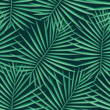Tropik desenli, pürüzsüz bir arka plan. Palmiye yaprakları, modern, pürüzsüz tropik yaz sanatı. Dekorasyon kumaşı ve moda tekstili için renkli doğal botanik baskısı. Palmiye yaprağı. Vektör tropik bitkiler..