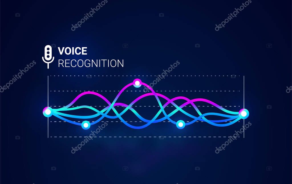Personal assistant. Voice recognition. Smart sound technologies. Microphone  with voice and sound. Vector background. Intelligent music waves recognition technology.