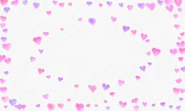 Priorità bassa dell'acquerello forme di cuore. Spruzzata di coriandoli romantico. Fondo con i coriandoli cuore. Cuori di carta rosso e rosa che cadono. Cartolina d'auguri di matrimonio. Il 14 febbraio. illustrazione. — Foto Stock