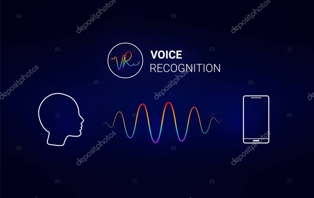 Voice recognition. Personal assistant. Smart music sound waves or voice recognition technology. Concept with microphone ai icon. Futuristic vector background.