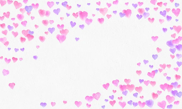 Priorità bassa dell'acquerello forme di cuore. Spruzzata di coriandoli romantico. Fondo con i coriandoli cuore. Cuori di carta rosso e rosa che cadono. Cartolina d'auguri di matrimonio. Il 14 febbraio. illustrazione. — Foto Stock