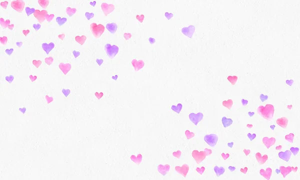 Herz Formen Aquarell Hintergrund. Romantische Konfetti Splash. Hintergrund mit Herz Konfetti. Rote und rosa Papierherzen fallen. Grußkarte Hochzeit. 14. Februar. Abbildung. — Stockfoto
