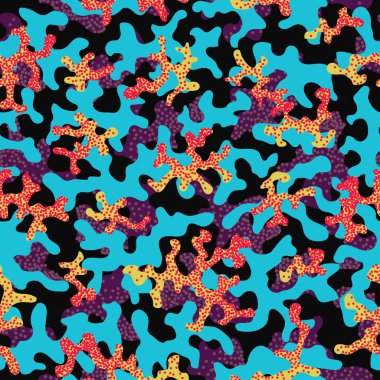 Soyut kamuflaj, moda dikişsiz desen arka plan. Serin kamuflaj askeri doku. Doğa Çiçek illüstrasyon. Dikişsiz desen çocuk moda kumaş kumaş Tekstil. Renkli modern. Vektör.