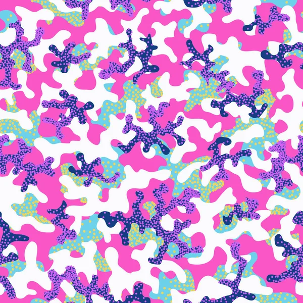 Camuflaje abstracto, fondo de patrón sin costuras de moda. Fresca textura militar camuflaje. Naturaleza, ilustración floral. Patrón sin costuras de tela textil de tela de moda para niños. Colorido moderno. Vector . — Vector de stock