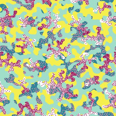 Soyut kamuflaj, moda dikişsiz desen arka plan. Serin kamuflaj askeri doku. Doğa Çiçek illüstrasyon. Dikişsiz desen çocuk moda kumaş kumaş Tekstil. Renkli modern. Vektör.