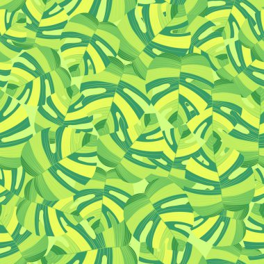 Tropik desenli, pürüzsüz bir arka plan. Palmiye yaprakları, modern, pürüzsüz tropik yaz sanatı. Dekorasyon kumaşı ve moda tekstili için renkli doğal botanik baskısı. Palmiye yaprağı. Vektör tropik bitkiler..