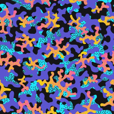 Soyut kamuflaj, moda dikişsiz desen arka plan. Serin kamuflaj askeri doku. Doğa Çiçek illüstrasyon. Dikişsiz desen çocuk moda kumaş kumaş Tekstil. Renkli modern. Vektör.