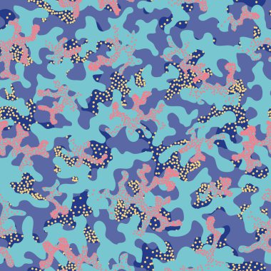 Soyut kamuflaj, moda dikişsiz desen arka plan. Serin kamuflaj askeri doku. Doğa Çiçek illüstrasyon. Dikişsiz desen çocuk moda kumaş kumaş Tekstil. Renkli modern. Vektör.